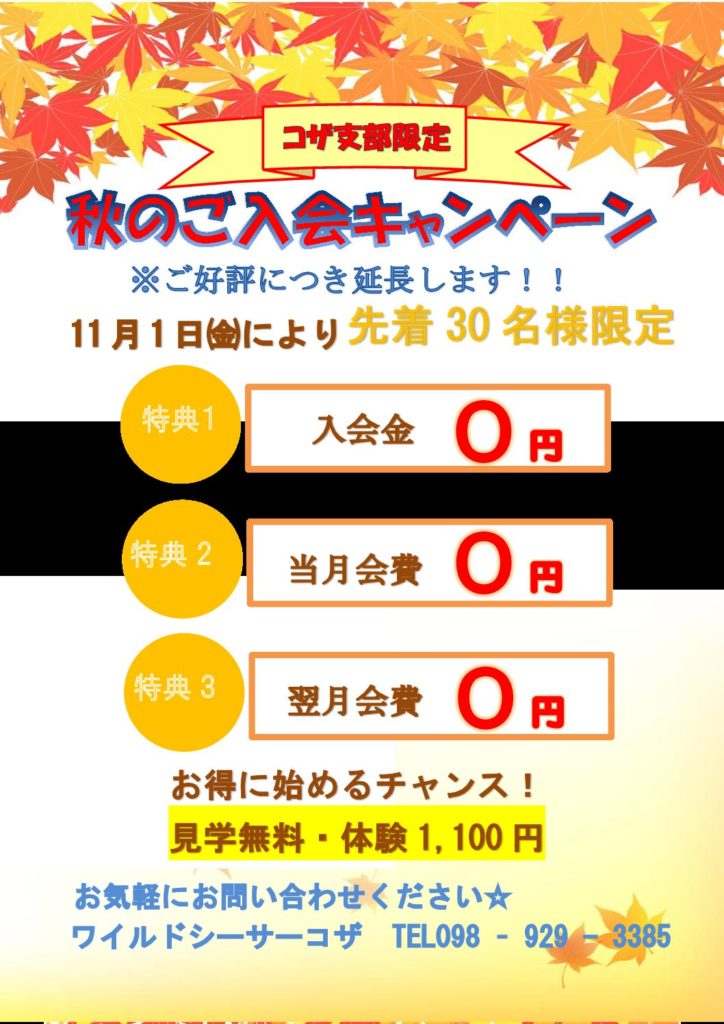 秋の入会キャンペーン継続!!